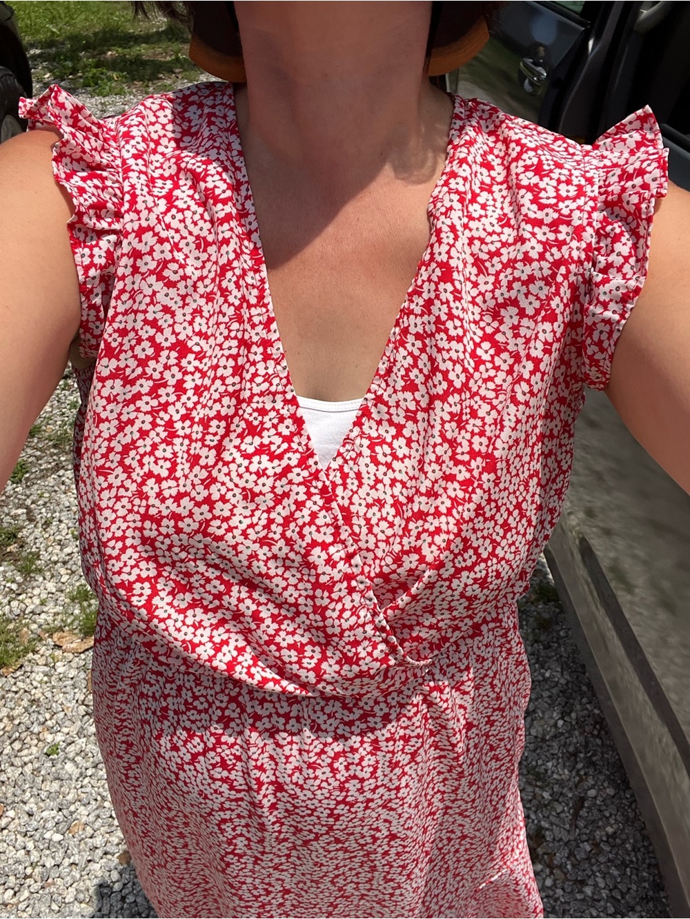 Red Floral V-Neck 1/2 Faux Wrap Drsss